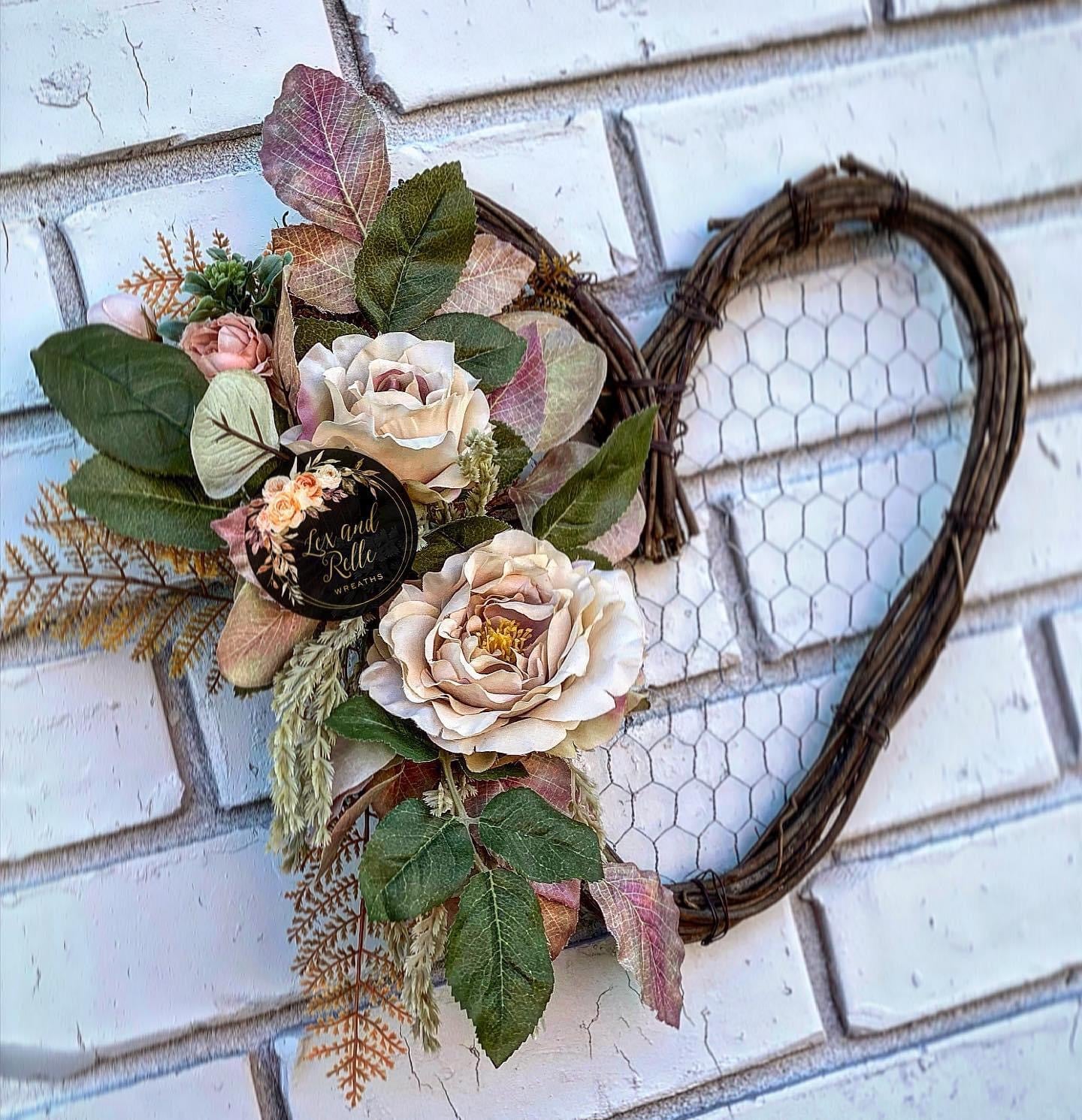 Muted Roses w/ Mixed Greenery Heart Wreath