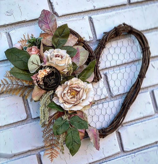 Muted Roses w/ Mixed Greenery Heart Wreath