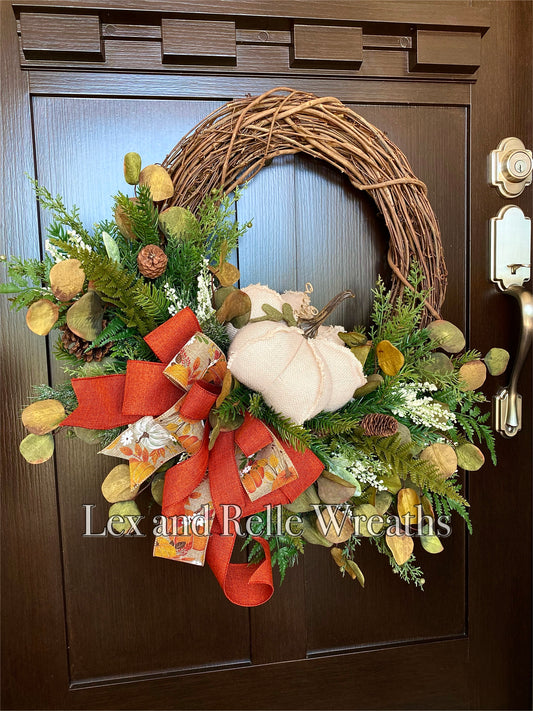 White Pumpkin Fall Wreath